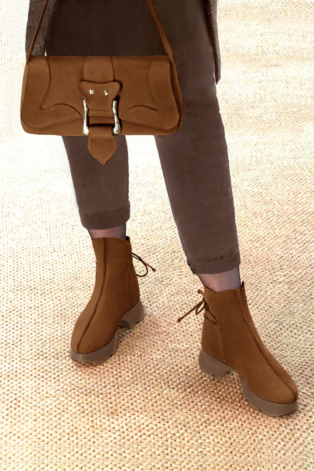 Women's cognac back lace-up ankle boots with round toe and chunky rubber sculpted sole - Top view